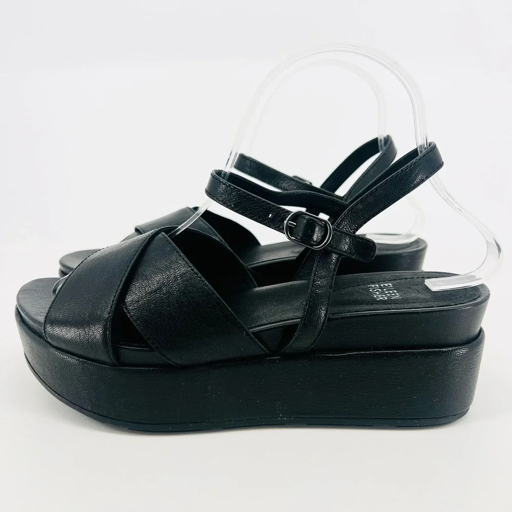 Eileen Fisher Juno Platform Sandals Women 8 Black Leather Chunky Strappy Buckle